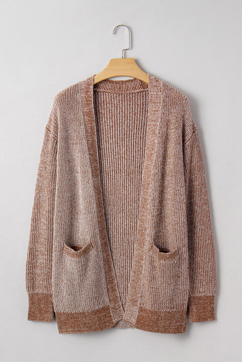 Open Knit Patch Pocket Ribbed Trim Longline Cardigan